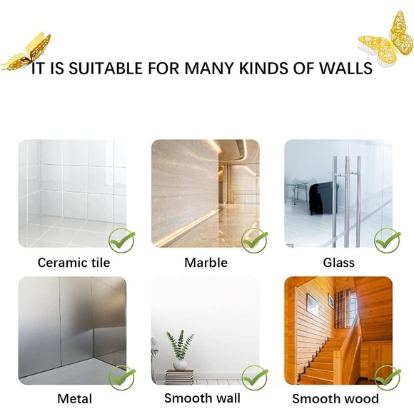 NEW 3D Metallic Butterfly Wall Decor 48 Pcs 4 Styles 3 Size Gold Butterfly Decor - Picture 8 of 16